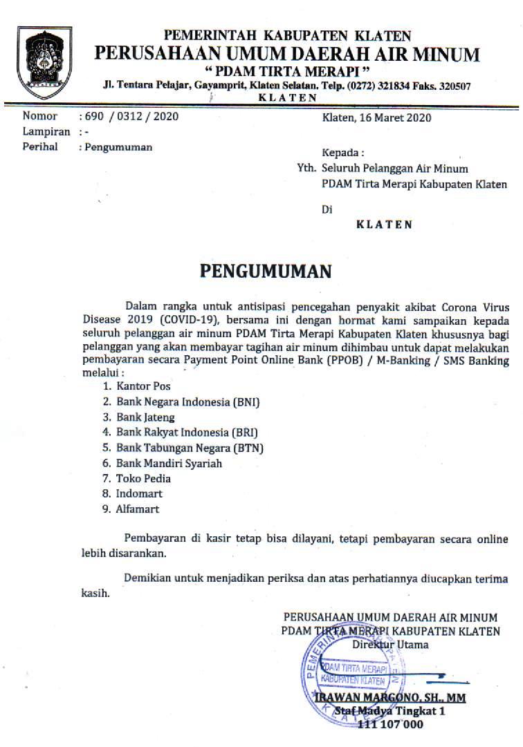 Antisipasi Pencegahan Penyakit akibat COVID-19 di PDAM Tirta Merapi Kabupaten Klaten