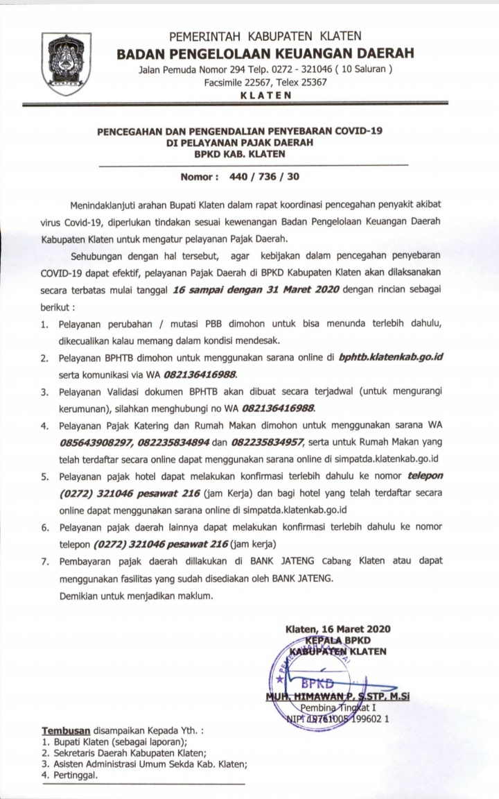 Pencegahan dan Pengendalian Penyebaran COVID-19 di Pelayanan Pajak Daerah