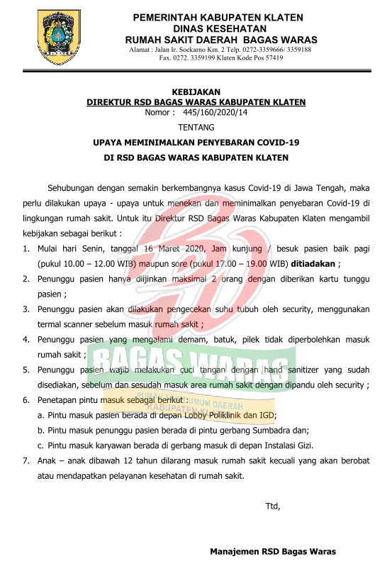 Upayan Meminimalkan Penyebaran COVID-19 di RSD Bagas Waras Kabupaten Klaten