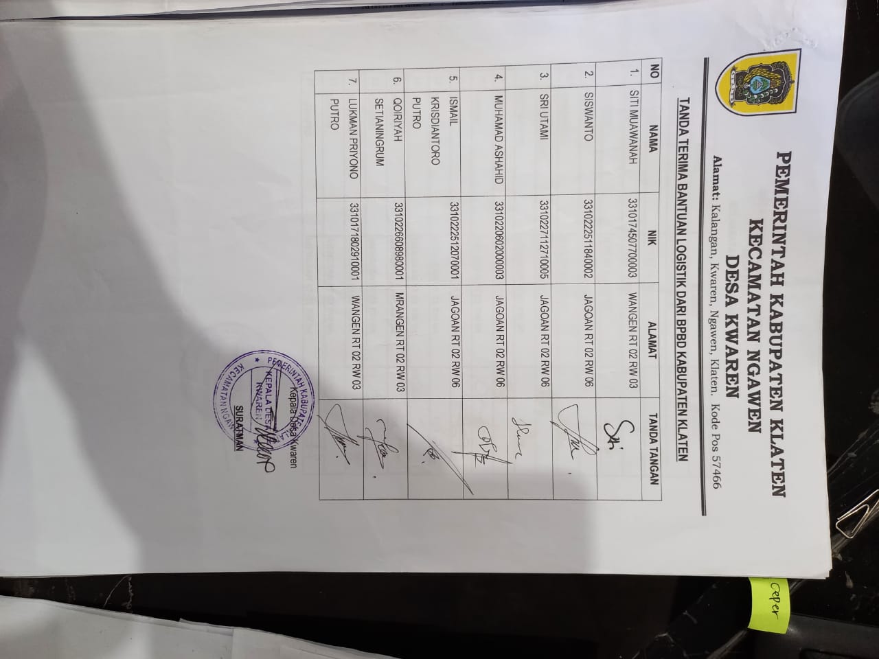 Bantuan Logistik Untuk Warga Desa Kwaren Kecamatan Ngawen