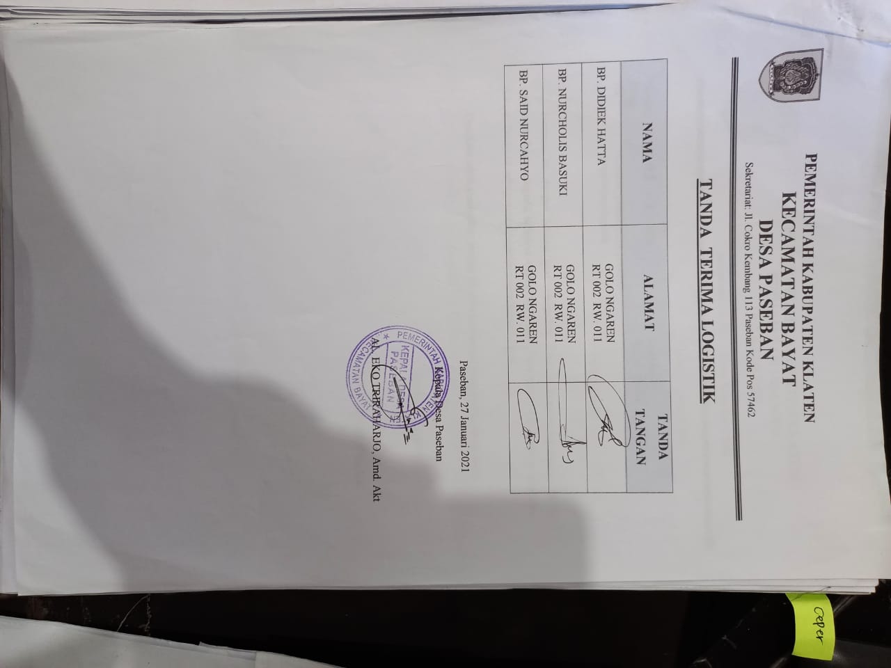 Bantuan Logistik Untuk Warga Desa Paseban Kecamatan Bayat