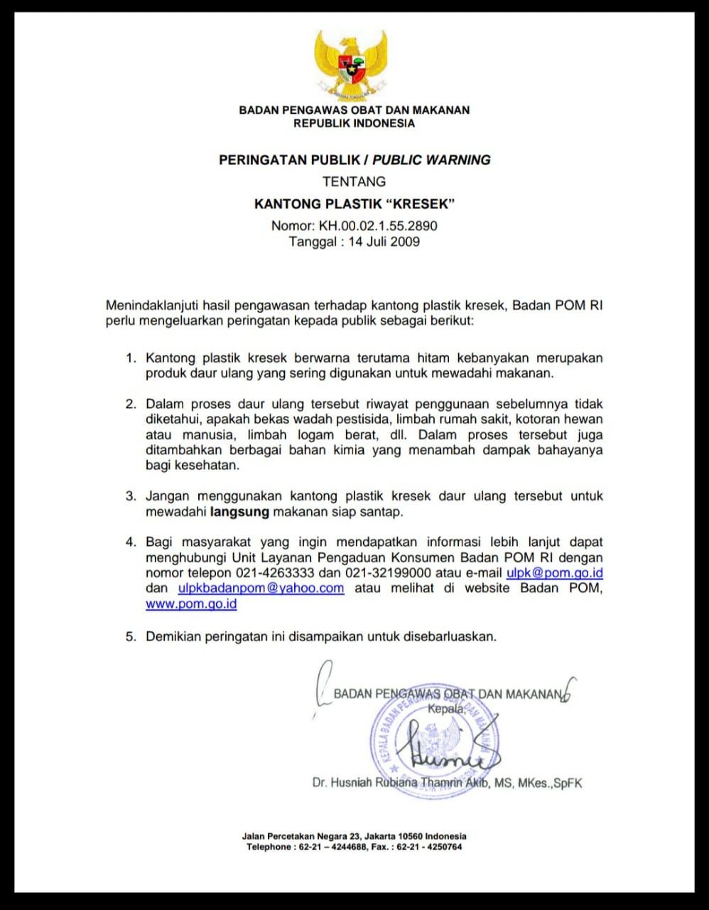 Peringatan Publik Tentang KANTONG PLASTIK "KRESEK"